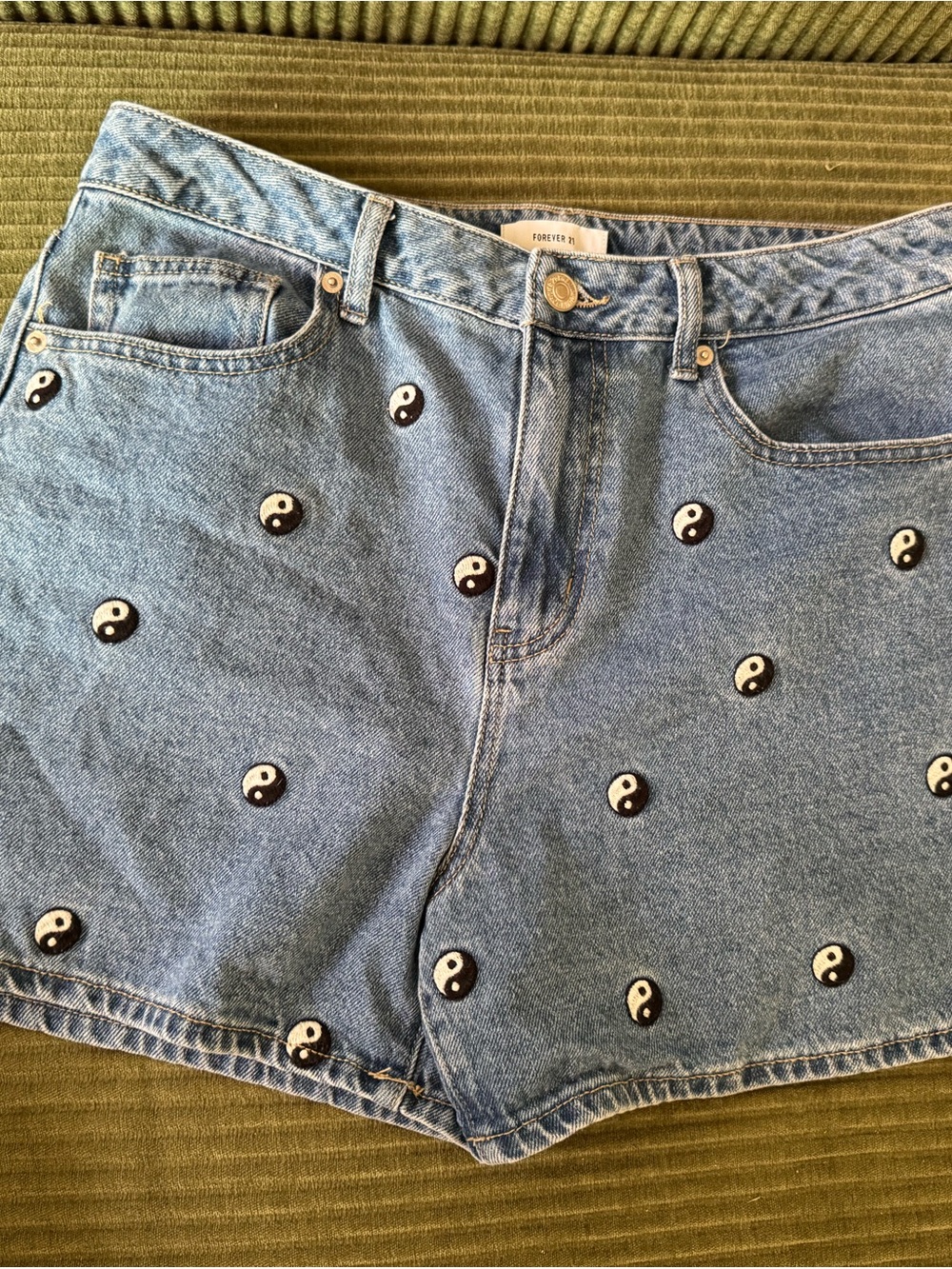 Forever 21 Light Blue Denim Yin Yang Embroidered Shorts